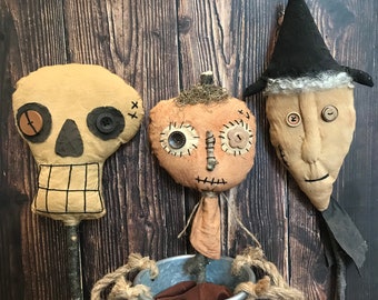 Primitive Halloween Decor - Prim Witch, Pumpkin Head and Skeleton Head - Crock Fillers - Crock Pokes - Spooky Decorating for Fall and Autumn