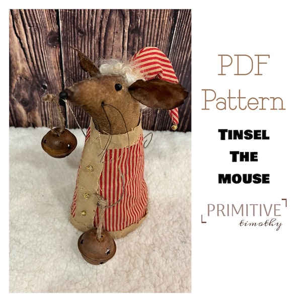 PDF Sewing Pattern - Primitive Christmas Mouse and Ornaments - Early Americana Holiday Decor - Folk Art Santa - Xmas Centerpiece or Mantle