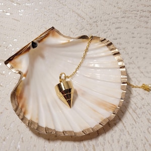 Op de afbeelding: Een goudkleurige hangerketting met een geometrisch ontwerp ligt in een grote zeeschelp. De schelp heeft een witte binnenkant en een goudkleurige rand. Een kleine parel hangt aan de ketting.