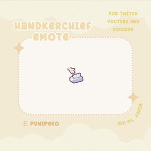 Könnte beinhalten: Eine Cartoon-Illustration einer Hand, die in eine Taschentuchbox greift, um ein Taschentuch zu nehmen. Die Taschentuchbox ist hellblau mit einem weißen Taschentuch darin. Der Text "HANDKERCHIEF EMOTE" befindet sich oben im Bild. Der Text "FOR TWITCH YOUTUBE AND DISCORD" befindet sich oben rechts. Der Text "E PUNIPEKO" befindet sich unten links. Der Text "READY TO USE" befindet sich unten rechts.