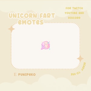 Könnte beinhalten: Ein rosa und blaues Cartoon-Einhorn-Furz-Emote mit Glitzer. Das Emote ist bereit für die Verwendung auf Twitch, YouTube und Discord. Der Text "UNICORN FART EMOTES" befindet sich oben im Bild. Der Text "E PUNIPEKO" befindet sich unten im Bild. Der Text "READY TO USE" befindet sich rechts im Bild.