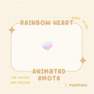 Könnte beinhalten: Eine digitale Grafik mit einem animierten Regenbogenherz-Emote. Der Text "RAINBOW HEART" und "ANIMATED EMOTE" wird in einer verspielten Schriftart angezeigt. Zusätzlicher Text weist darauf hin, dass das Emote "READY TO USE" und "FOR TWITCH AND DISCORD" ist. Der Hintergrund ist hellbeige mit einem Rastermuster.