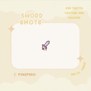 Könnte beinhalten: Ein weißer Rahmen mit einem rosa und violetten Schwert-Emoji darin. Der Rahmen hat einen gepunkteten Rand und den Text "SWORD EMOTE" oben. Der Text "FOR TWITCH YOUTUBE AND DISCORD" befindet sich oben rechts. Der Text "READY TO USE" befindet sich unten rechts. Der Text "E PUNIPEKO" befindet sich unten links.