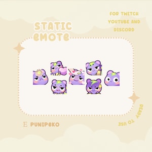 May include: A set of eight purple and yellow animated character emotes with different expressions. The emotes are labelled "STATIC EMOTE" and "E PUNIPEKO". The text "FOR TWITCH YOUTUBE AND DISCORD" is also included. The emotes are ready to use.