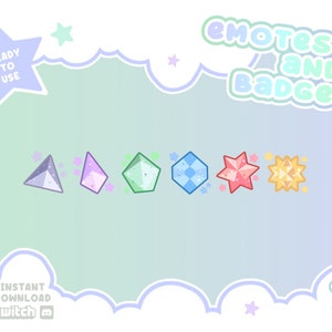 Könnte beinhalten: Eine digitale Grafik mit sechs farbenfrohen, edelsteinartigen Formen mit Sternakzenten. Der Text "emotes and badges" steht oben, und "ready to use" ist in Sternform. Der Text unten lautet "instant download" und "twitch".