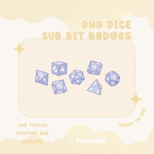 May include: A set of seven purple and white dice with numbers on each side. The dice are arranged in a semi-circle on a light yellow background. The text "DND DICE SUB BIT. Badges" is at the top of the image. The text "FOR TWITCH YOUTUBE AND DISCORD" is at the bottom left of the image. The text "E PUNIPEKко" is at the bottom center of the image. The text "READY TO USE" is at the bottom right of the image.