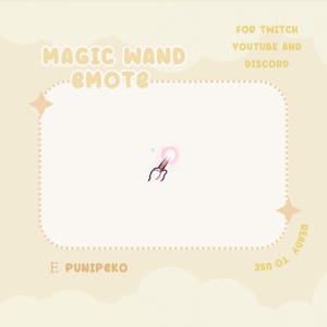 Könnte beinhalten: Ein animiertes Emoji einer Hand, die einen Zauberstab mit einer leuchtend rosa Spitze hält. Der Text "MAGIC WAND EMOTE" befindet sich oben im Bild. Der Text "FOR TWITCH YOUTUBE AND DISCORD" befindet sich oben rechts im Bild. Der Text "READY TO USE" befindet sich unten rechts im Bild. Der Text "E PUNIPEKO" befindet sich unten links im Bild.