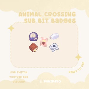 Könnte beinhalten: Fünf Animal Crossing-themenbezogene Twitch- und YouTube-Sub-Bit-Abzeichen. Die Abzeichen sind ein lilafarbener Stein, ein Buch, eine Flasche, eine Eichel und ein Totenkopf mit Knochen.