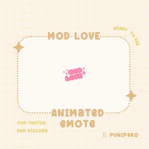 Könnte beinhalten: Digitales Grafikdesign mit den Texten "MOD LOVE" und "ANIMATED EMOTE" in einer verspielten Schriftart. Das Design beinhaltet ein rosa Logo mit den Worten "MOD LOVE" und Sternakzenten, einsatzbereit für Twitch und Discord.