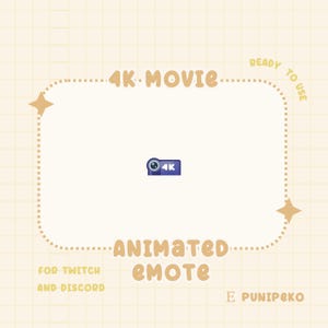 Puede incluir: Emoticono animado para Twitch y Discord que presenta una cámara morada con una etiqueta 4K dentro de un marco de línea punteada con el texto "4K-MOVIE" y "ANIMATED EMOTE" en amarillo. El texto "READY TO USE" y "FOR TWITCH AND DISCORD" también se incluyen en amarillo.