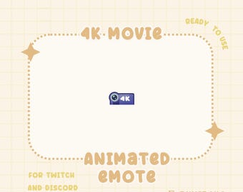 Könnte beinhalten: Animiertes Twitch- und Discord-Emote mit einer lila Kamera mit einem 4K-Label in einem gepunkteten Rahmen mit dem Text "4K-MOVIE" und "ANIMATED EMOTE" in Gelb. Der Text "READY TO USE" und "FOR TWITCH AND DISCORD" ist ebenfalls in Gelb enthalten.