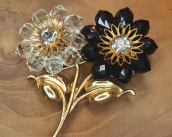 Vintage Dual Clear Black Crystal Flowers Gold Toned Brooch