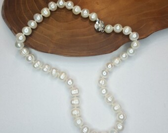 Vintage White Baroque Freshwater Pearl Hand Knotted Necklace Sterling Closure