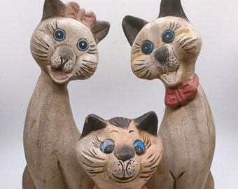 Vintage Wooden Hand Carved Happy Cat Family Stained Brown & Black Paws