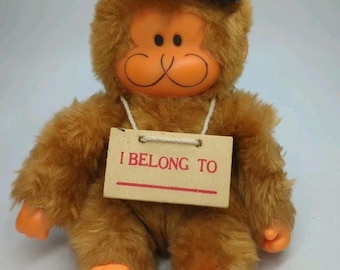 Vtg 1981 Dan Dee Plush Vinyl Brown Monkey w/ Plaid Hat 7”