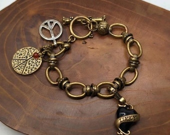 Lucky Brand Charm Bracelet Vintage Toggle Clasp Peace Signs Heart