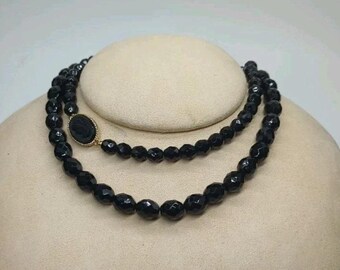 Black Glass Faceted Beaded Necklaces Lot 2 Cameo