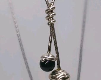 Brighton Twist Faux Black Pearl Y Necklace Adjustable Silver-Tone