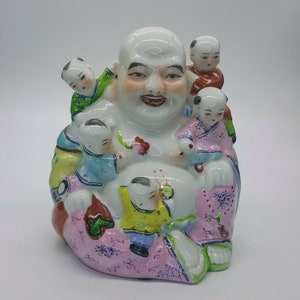 Vintage Buddha Statue Porcelain Smiling Laughing 5 Children Figure