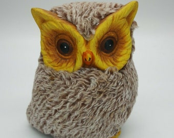 Vintage MCM Bright Yellow Owl Figurine Ceramic Covered in Soft Fabric