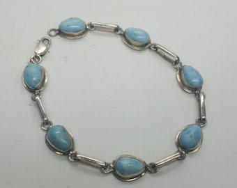 Vintage Sterling Silver Blue Larimar Cabochons Gemstone Link Bracelet 7”