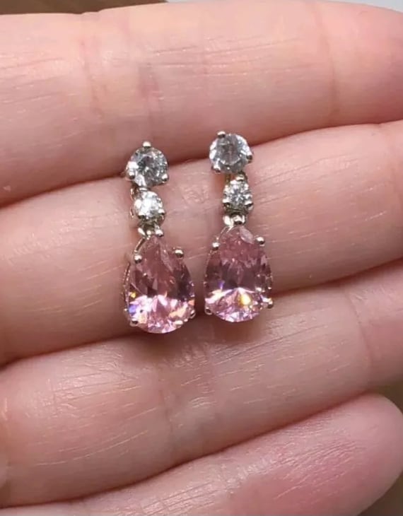 ADI 925 THAILAND CZ Sterling Silver Pink White Cubic Zirconia Dangle Earrings Etsy