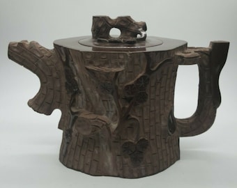Brown Hand Crafted Teapot Handmade Tree Stump Wood Bark & Flowers