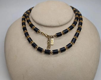 Vintage YSL Yves Saint Laurent 30" Necklace Gold Tone Black Enamel