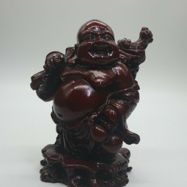 Buddha Happy Statue Laughing Figurine Dark Red Resin Feng Shui Luck 4.5"