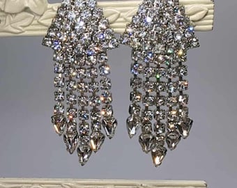 Vintage Art Deco Style Weiss Clear Rhinestone Dangle Waterfall Clip Earrings