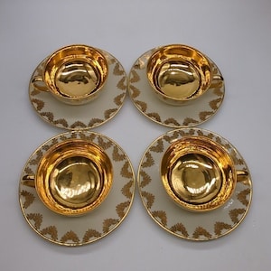 Set of 4 Vintage Porcelain KPM? Gold Painted Demitasse Cups & Saucers