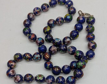 Vintage Cobalt Blue Cloisonné Enamel Round Beaded 21" Necklace Hand Knotted