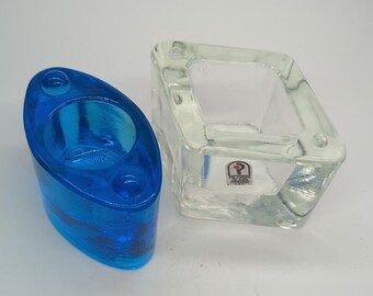 Bougeoirs pèlerins en verre transparent et en verre bleu authentique