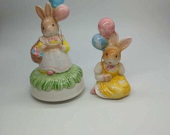 VTG Lefton Bunny Rotating Musical Figurine + Sitting Bunny With Balloons
