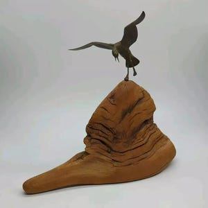 MCM Signed Copper Seagull Bird on Driftwood Art Sculpture