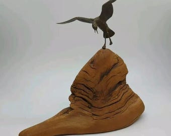 MCM Signed Copper Seagull Bird on Driftwood Art Sculpture