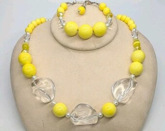 Chunky Clear Acrylic And Pale Yellow Ceramic Bead Necklace + Bracelet