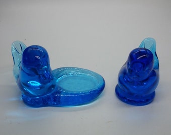 Set of 2 Vintage Cobalt Blue Glass Birds Bluebird - One Signed