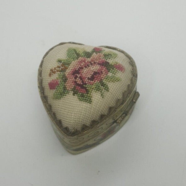 Vintage Cloisonné Cross Stitch Heart Shaped Trinket Box Miniature