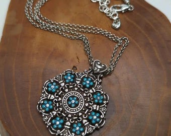 Brighton Lucia Medallion Blue Floral Pendant Silver Plate Necklace Reversible
