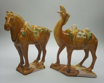 Vintage Sancai Style Glazed Pottery Asian Horse and Camel
