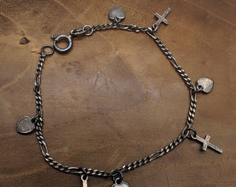 Vintage Delicate 925 Italy Bracelet With Cross And Heart Charms