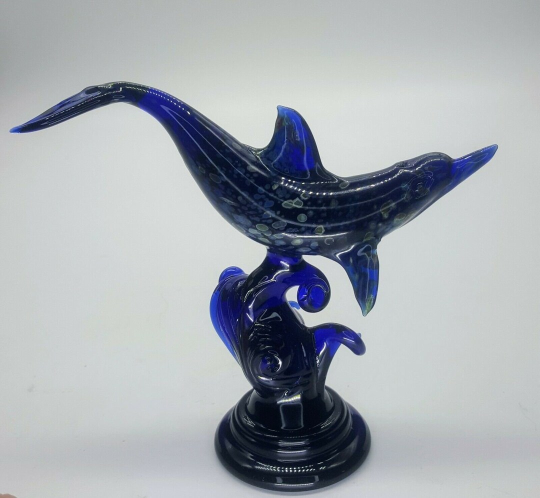 Hand Blown Art Glass Dolphin on Wave Pedestal Signed Paul Labrie Cobalt