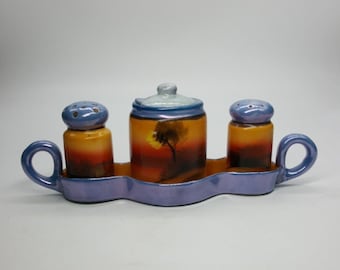 Vintage Lusterware Condiment Set Blue Orange