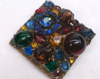 Vintage Signed Weiss Fruit Salad Square Rhinestone Brooch