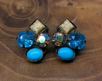 Vintage Signed SORRELLI Blue Crystal Rhinestone Clip Earrings