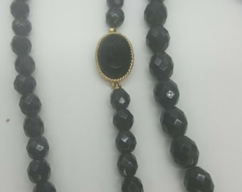 Lot of 2 Black Faceted Beaded Necklaces Cameo and Hook Closures