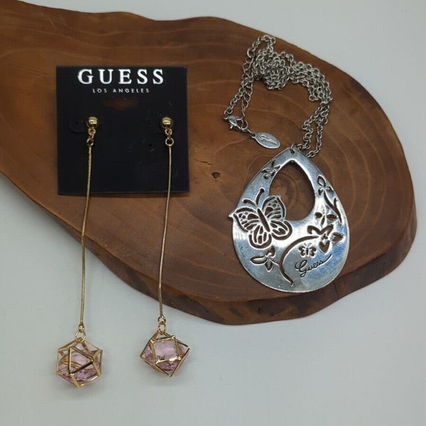 Lot Of Vintage GUESS Long Geometric Earrings And Silvertone Pendant Necklace