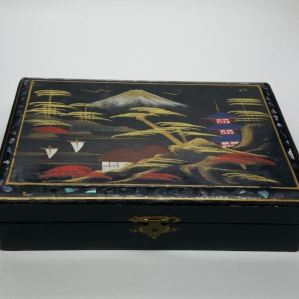 Vintage Jewelry Trinket Box Hand Painted Black Lacquered Inlay Japanese Abalone