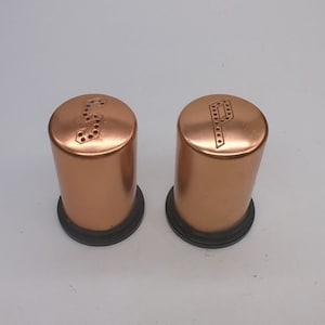 Vintage Metal Salt & Pepper Shakers Copper Tone Black Plastic Lid Kitchen